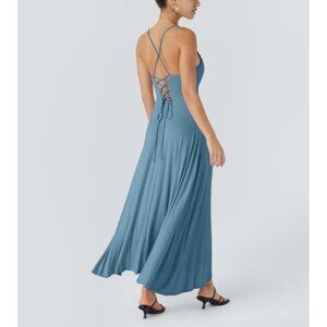 Halara Ribbed Cowl Neck Backless Crisscross Lace Up Party Dress Sz Medium Blue